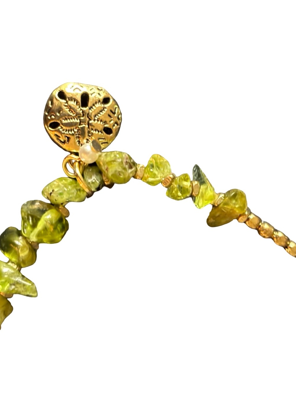 HAND CRAFTED Gold, Peridot Chip, Czech Bead Necklace, gold sand dollar charm - Picture 3 of 5